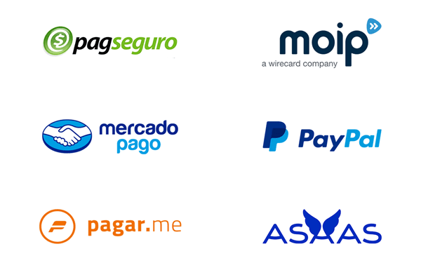 Logos dos meios de pagamento PagSeguro, Moip, Mercado Pago, PayPal, Pagar.me e Asaas