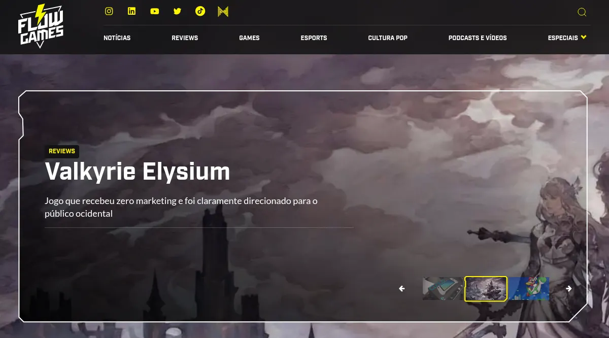 como monetizar um portal de notícias página inicial do portal flow games, com menu de editorias e destaque de review em carrossel