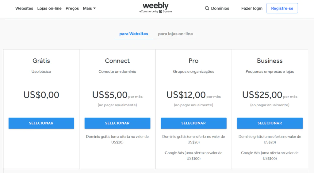 tabela de preços do weebly para comparar entre weebly ou wordpress